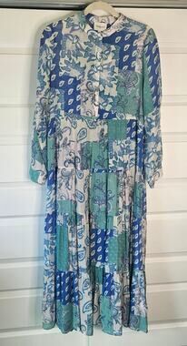 NWT Choklate Paris Silk Blend Marbella Blue Coastal Tiered Maxi Dress Small